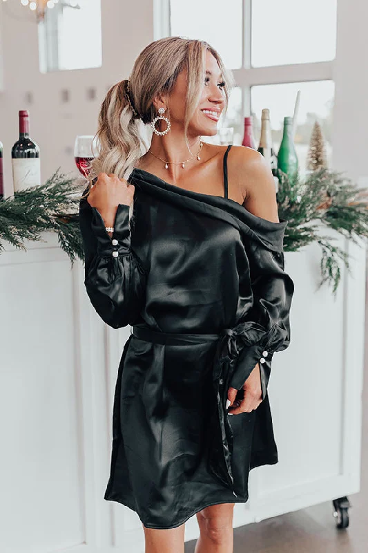 More Pinot, Please Satin Dress In Black