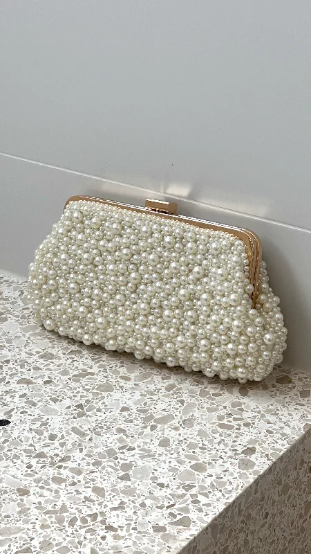 Norma Jean Faux Pearl Clutch - Cream/Gold