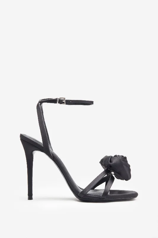 Sweet Step | Black Satin Strappy Heeled Sandals With Flowers