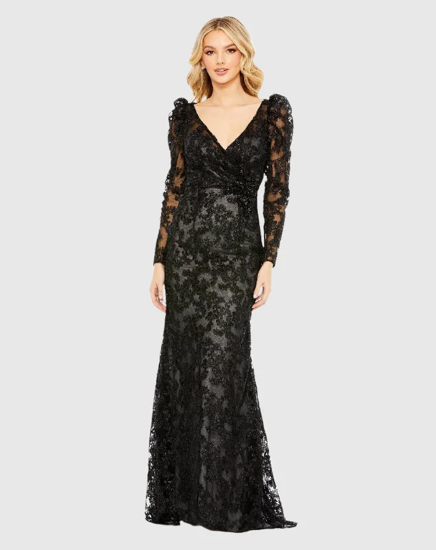 Embroidered Lace Puff Sleeve Wrap Over Gown