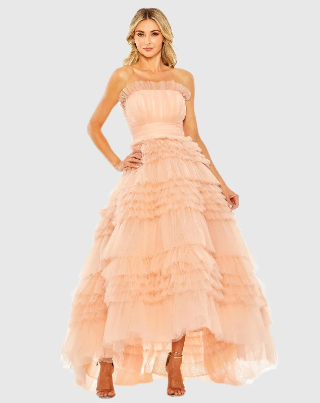 Strapless Tulle Ruffle Gown