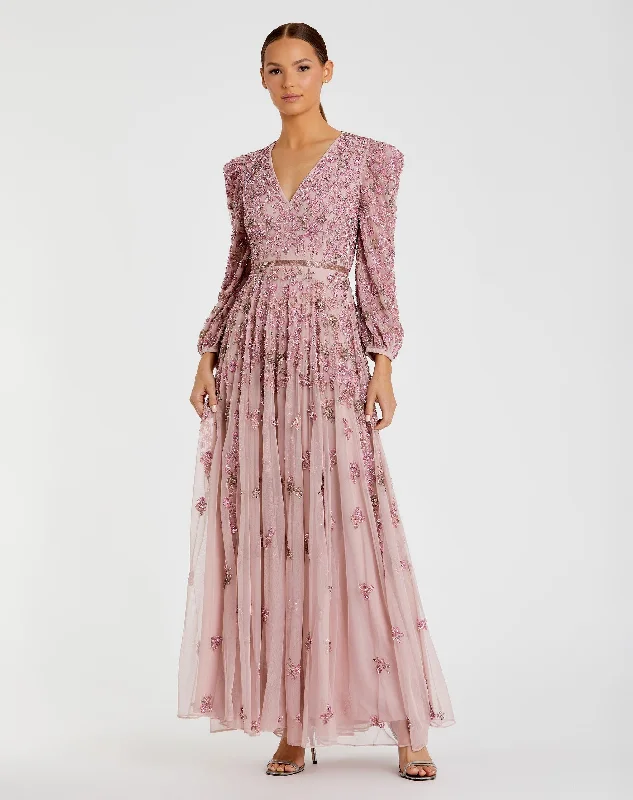 Embellished V Neck 3/4 Sleeve A Line Gown