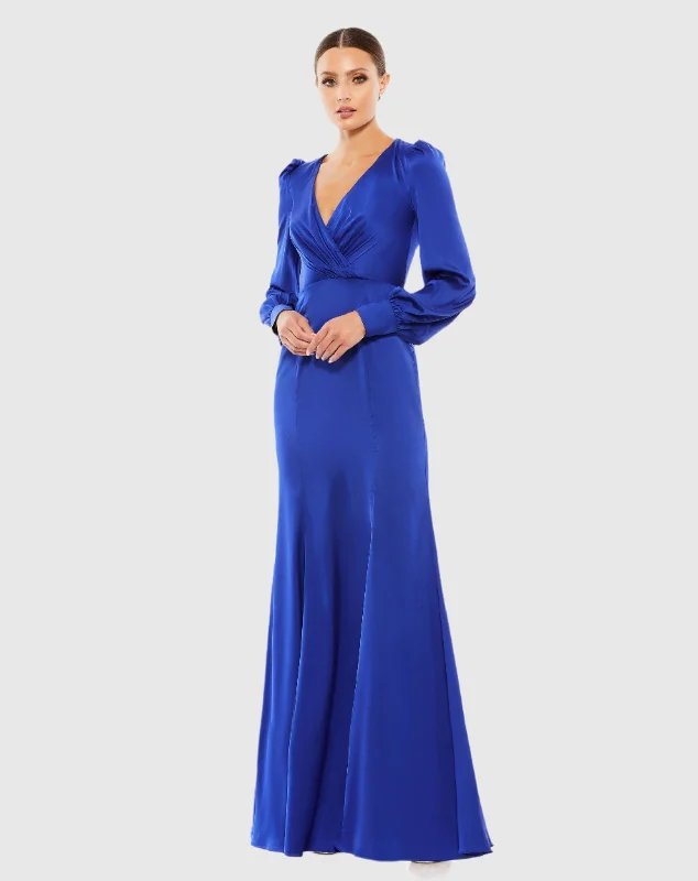 Satin Ruched Bishop Sleeve Gown