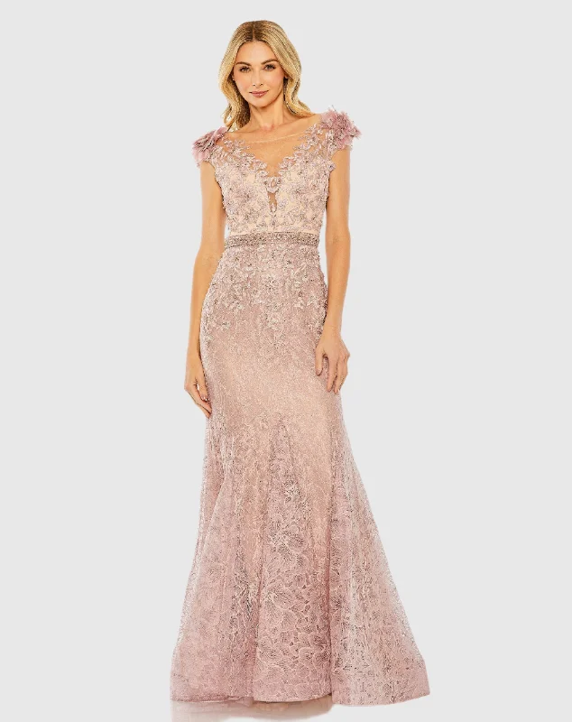 Embroidered Illusion Appliqued Bodice Trumpet Gown