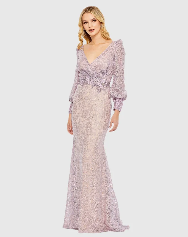 Lace Long Sleeve V Neck Embellished Gown