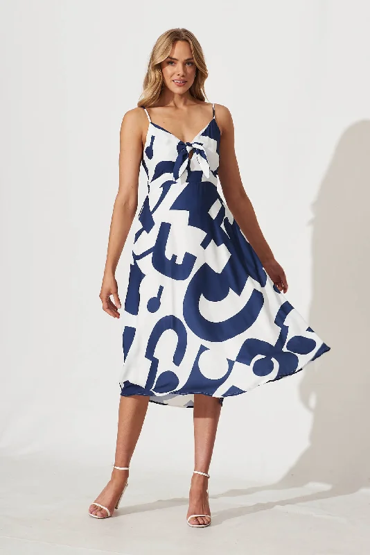 Cordelia Midi Sundress In White With Navy Swirl Linen Blend