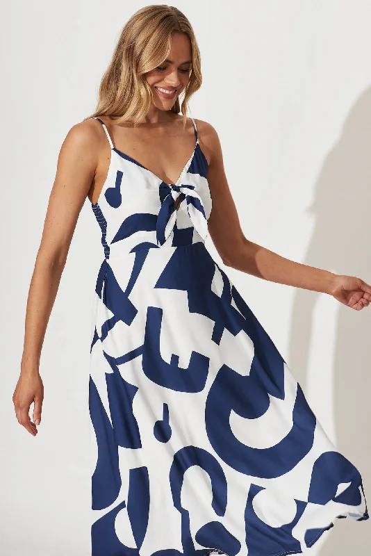 Cordelia Midi Sundress In White With Navy Swirl Linen Blend