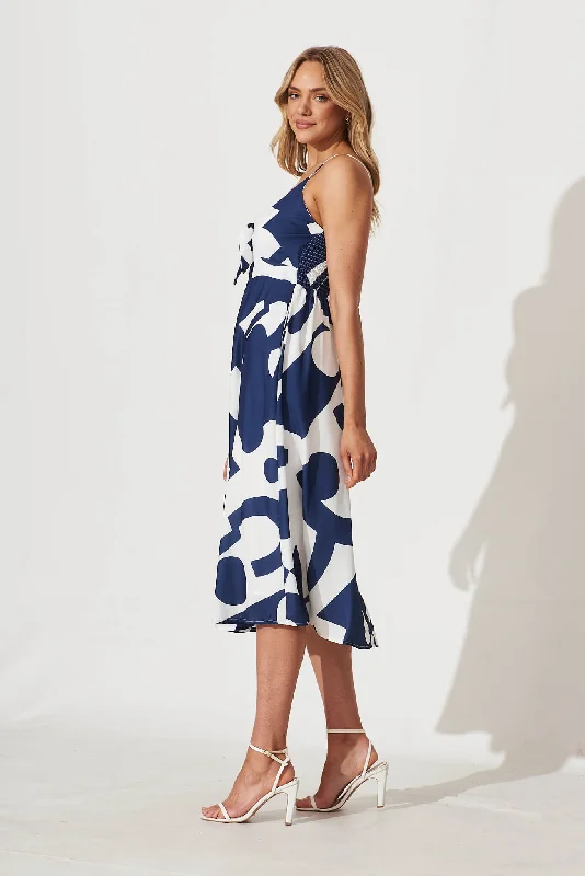 Cordelia Midi Sundress In White With Navy Swirl Linen Blend