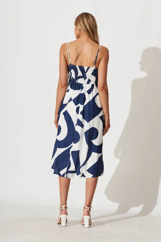 Cordelia Midi Sundress In White With Navy Swirl Linen Blend