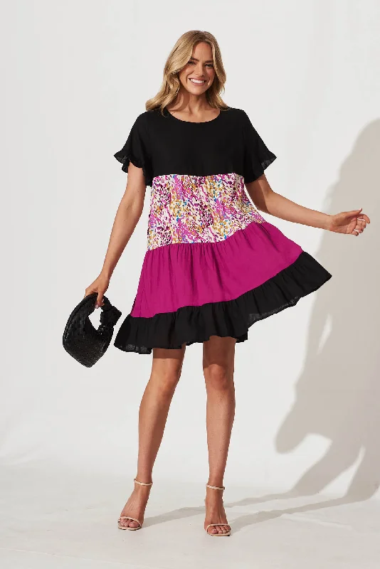 Krystin Dress In Black With Magenta Print