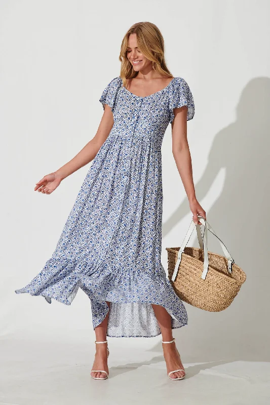 Lawrent Midi Dress In Blue Floral Tile Print