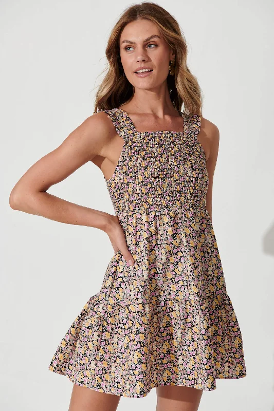 Lemonade Dress In Black With Multi Ditsy Floral Cotton