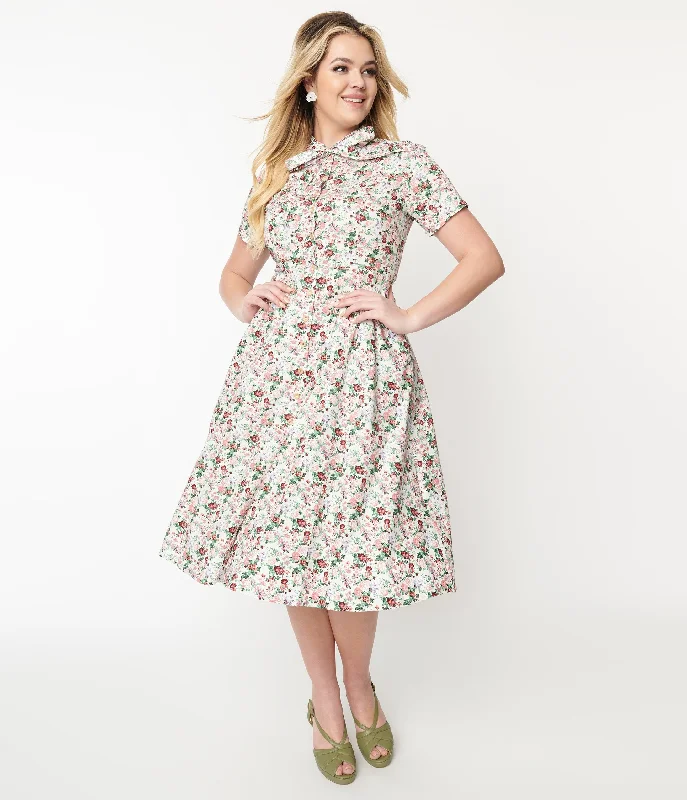 1940s Pink Floral Button Front Swing Dress