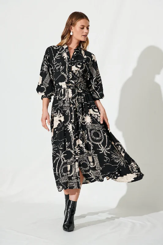 Shiloh Midi Shirt Dress In Black With Cream Print