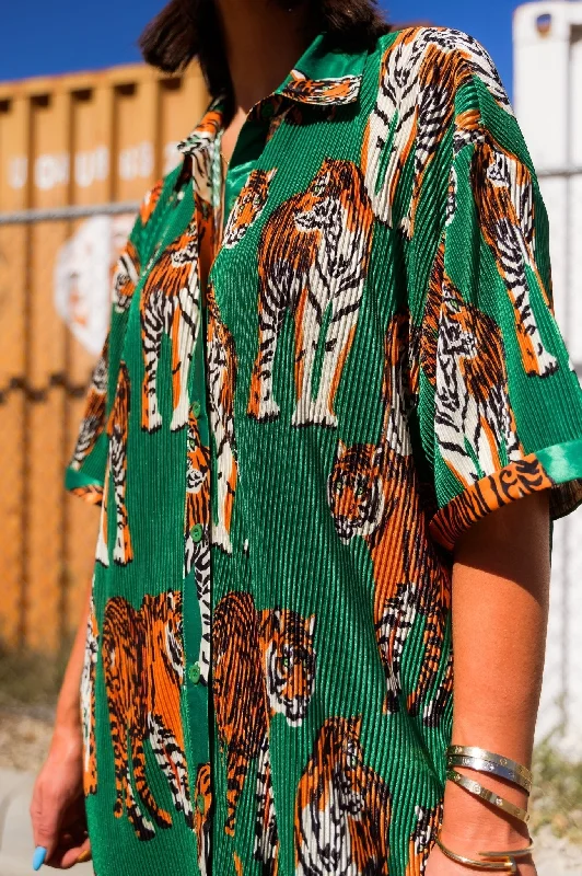 So Far So Good Oversized Plissé Dress in Tiger Tales