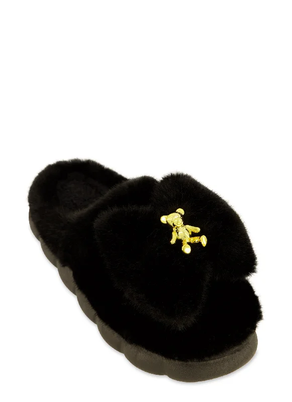 Bow Bear Charm Faux Fur Slippers